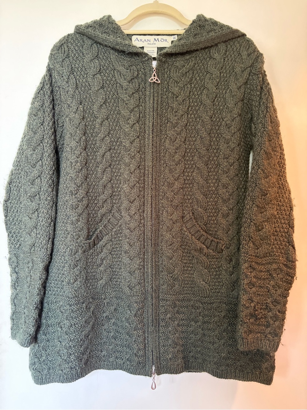 Aran Mor Olive Green Cable Knit Zip Hoodie 100 percent Merino Wool size Medium
